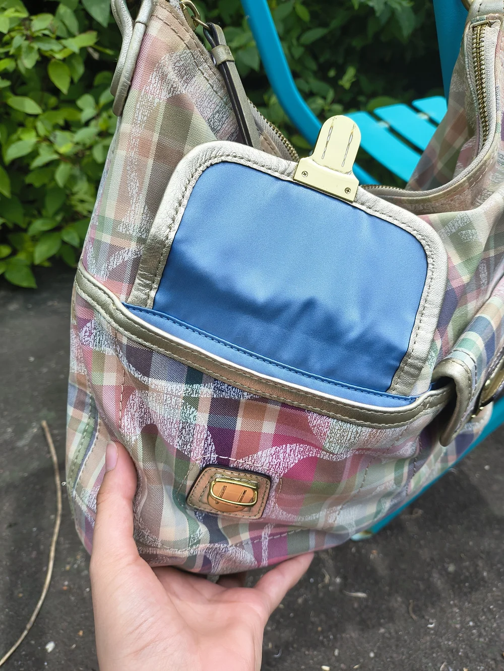 Coach Poppy Daisy Signature Coach Pastel Plaid Canvas Shoulder Bag with Gold Tag